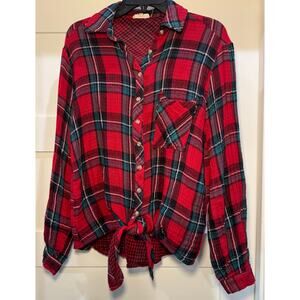 In Loom Red/Black/Teal Plaid Button Up Shirt Front Tie Gauze Women's Size Small